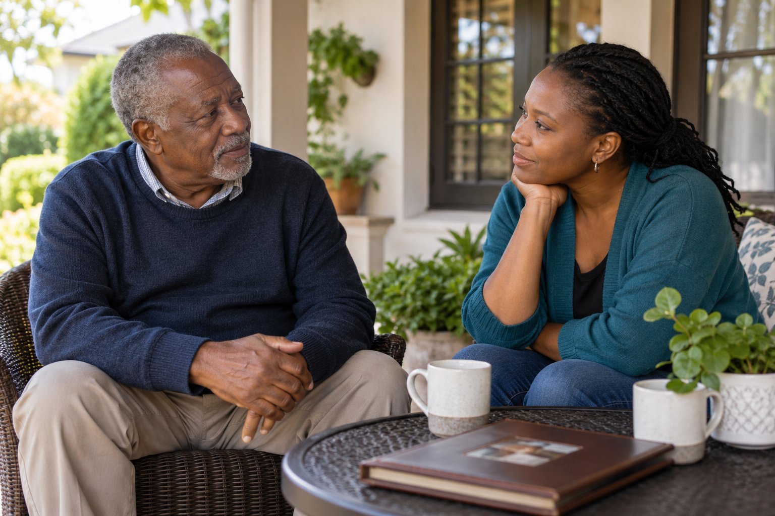 An older adult and a companion sharing a quiet supportive conversation on a veranda
