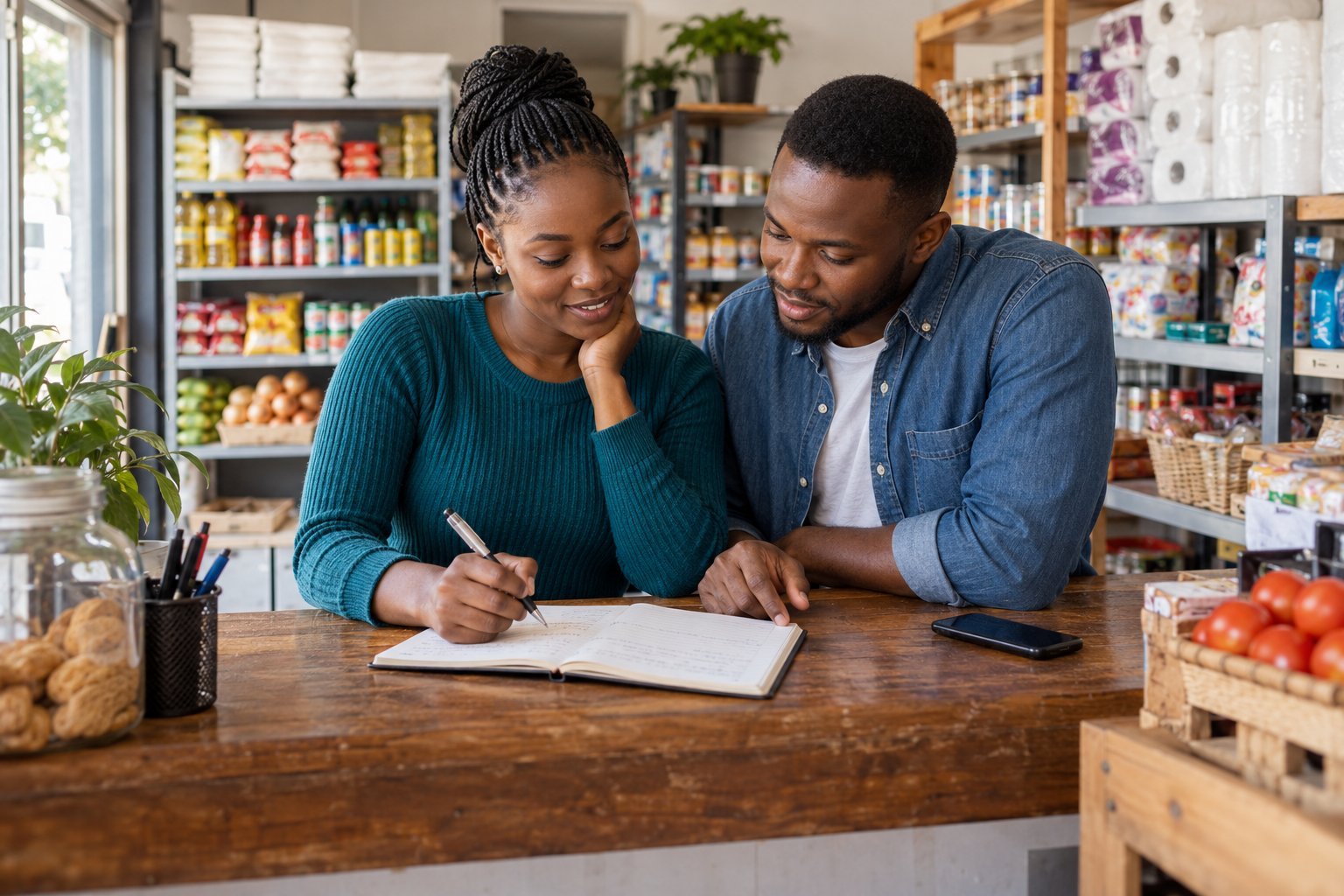 Two adults reviewing a notebook together at a neighbourhood shop counter