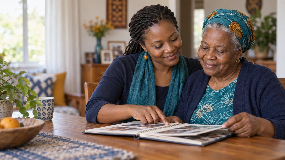Illustrative image of a younger woman and an older woman looking through a photo album together