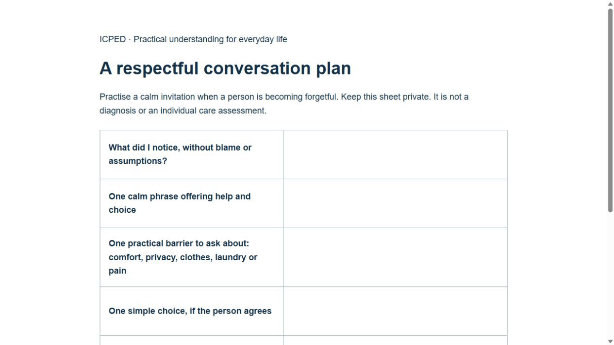 Preview of the printable respectful conversation plan, with space for a calm phrase, practical barriers and a next step