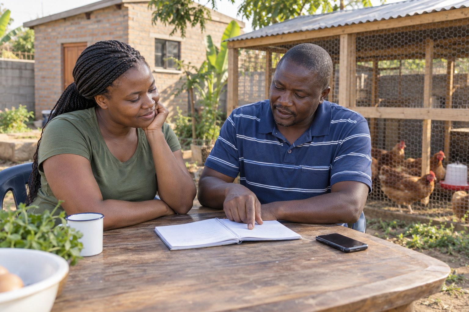 Two adults discussing a project notebook beside a modest poultry shelter