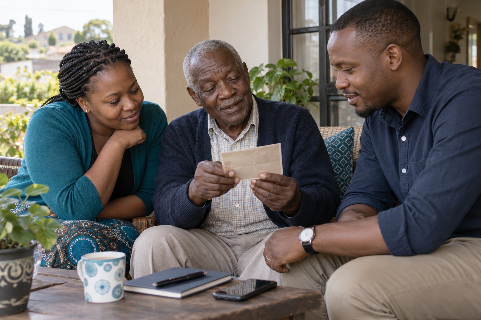 An older man sharing a family photograph with younger relatives