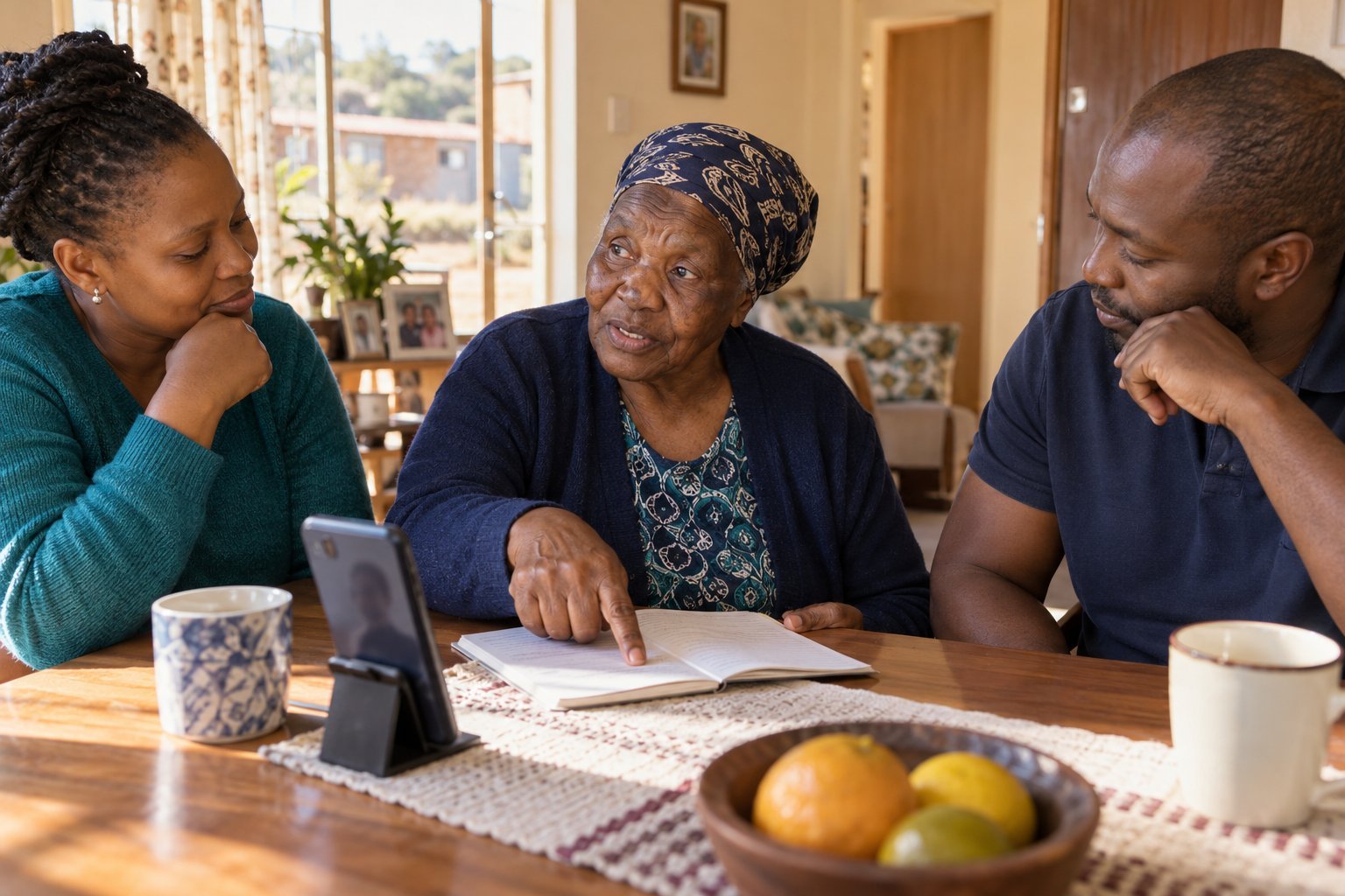 Relatives planning practical support with an older woman at home